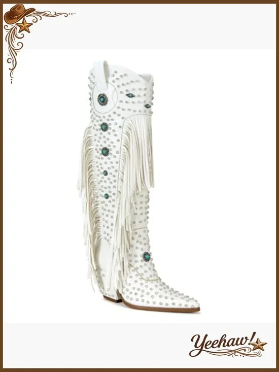 Western Cowgirl Boots with Rhinestones and Fringe, Pointed Toe, Knee-High - Picture 4 of 7